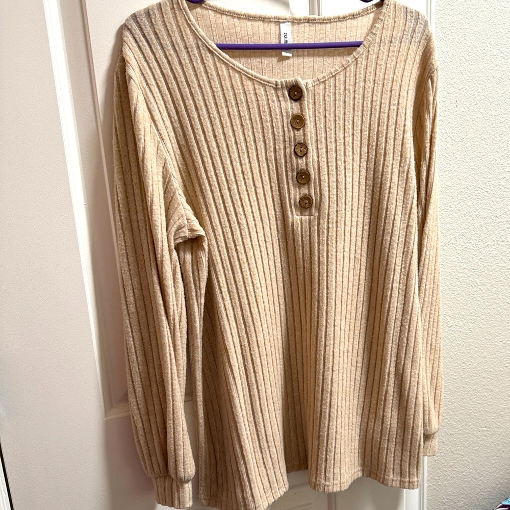 Chic Beige Ribbed Button-Up Blouse